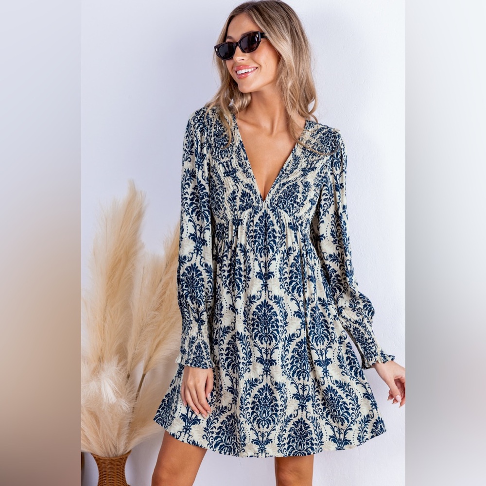 Elegant Blue and Cream Patterned Dress